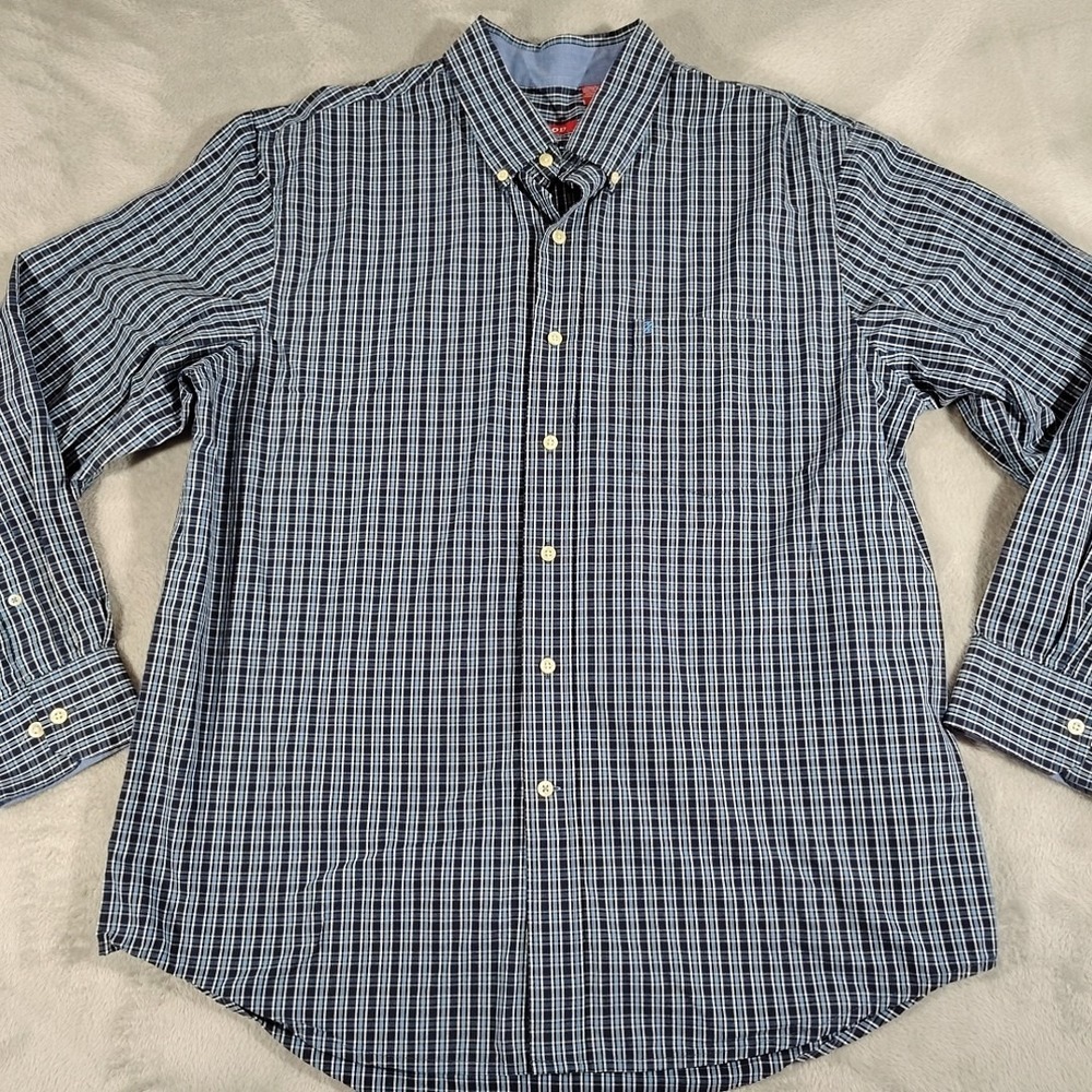 Izod Shirt Men L Blue Plaid Long Sleeve Office Nerd Preppy College Dad Classic